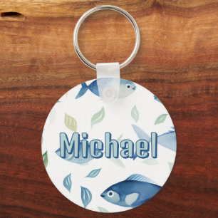 Watercolor Fish Boys Personalised School Bag Tag Key Ring