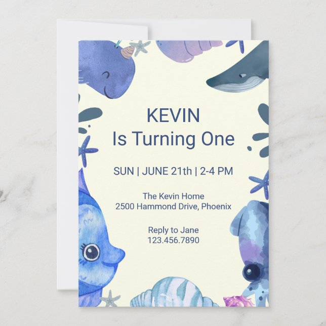 Watercolor Fish Theme Birthday Invitation (Front)