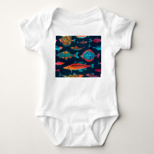 Watercolor Fishes: Deep Blue Seamless Baby Bodysuit