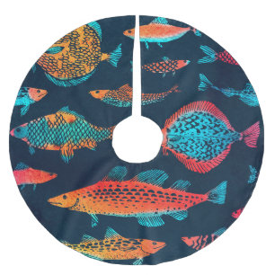 Watercolor Fishes: Deep Blue Seamless Brushed Polyester Tree Skirt