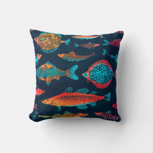 Watercolor Fishes: Deep Blue Seamless Cushion