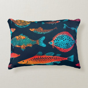Watercolor Fishes: Deep Blue Seamless Decorative Cushion