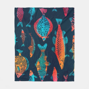 Watercolor Fishes: Deep Blue Seamless Fleece Blanket