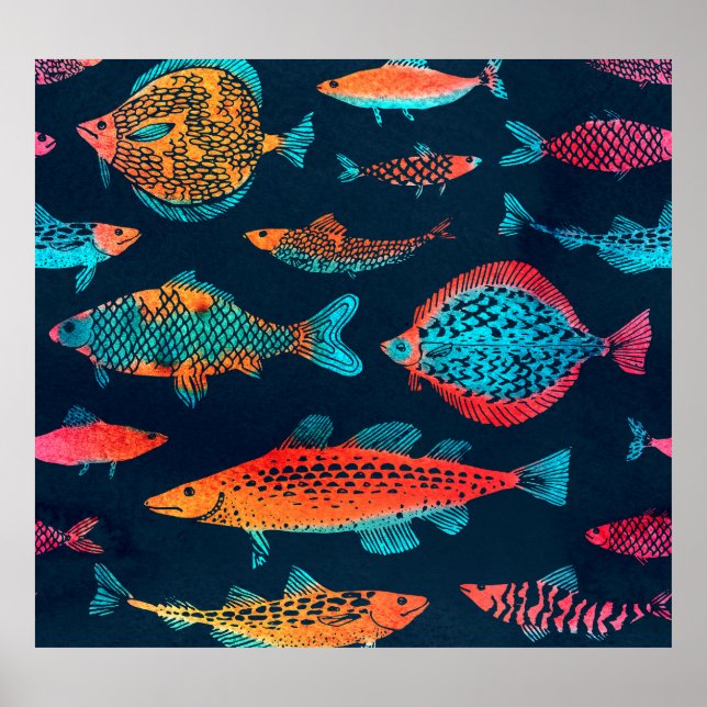 Watercolor Fishes: Deep Blue Seamless Poster (Front)