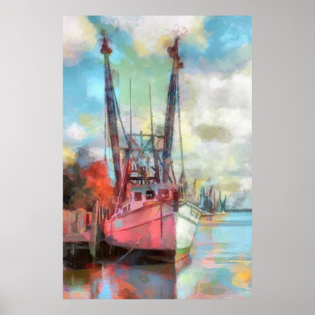 Watercolor Fishing Boat at Sunset Poster (Front)