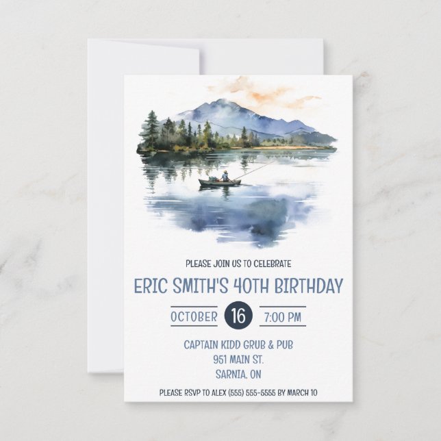 Watercolor Fishing, Mountains, Lake Birthday Party Invitation (Front)