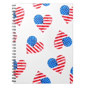 Watercolor flag of America in the shape of  hearts Notebook