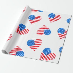 Watercolor flag of America in the shape of hearts Wrapping Paper