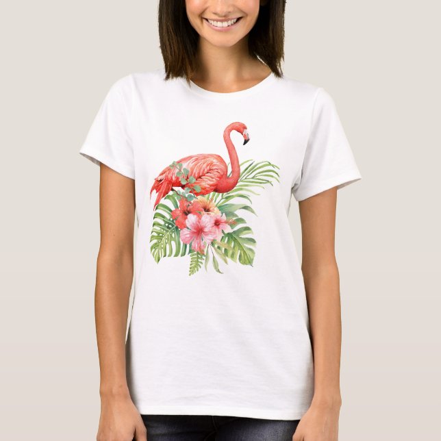 Watercolor Flamingo and Hibiscus T-Shirt (Front)