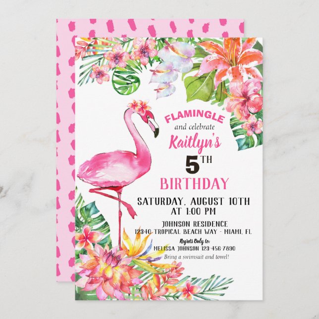 Watercolor Flamingo and Tropical Floral Birthday Invitation (Front/Back)