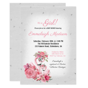 Watercolor Flamingo Ballerina Silver Baby Shower Invitation
