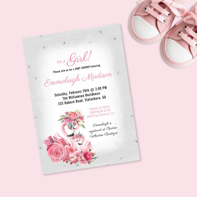 Watercolor Flamingo Ballerina Silver Baby Shower Invitation (Creator Uploaded)