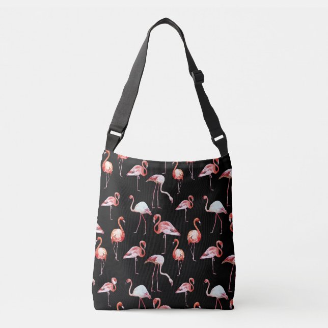Watercolor flamingo black pattern tropical crossbody bag (Front)