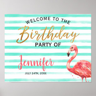 Watercolor Flamingo Gold Birthday   Welcome Sign