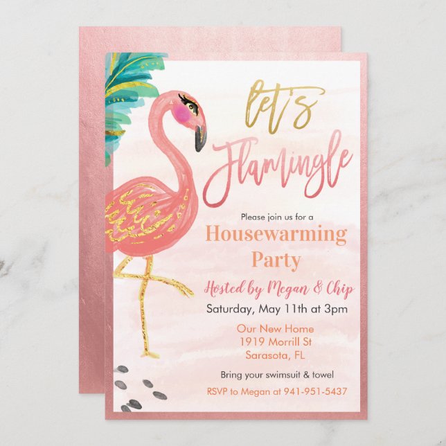 Watercolor Flamingo Housewarming Party Invitation (Front/Back)