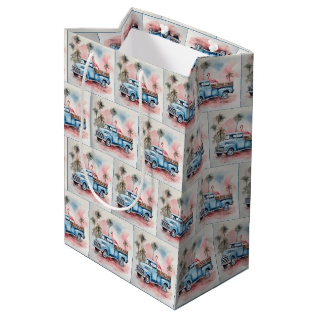 Watercolor Flamingo In Blue Retro Truck Medium Gift Bag (Back Angled)