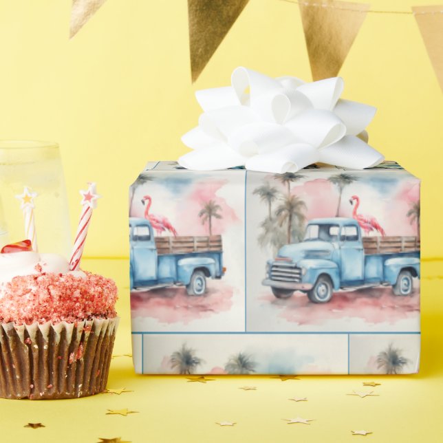 Watercolor Flamingo In Blue Retro Truck Wrapping Paper (Birthday Party)