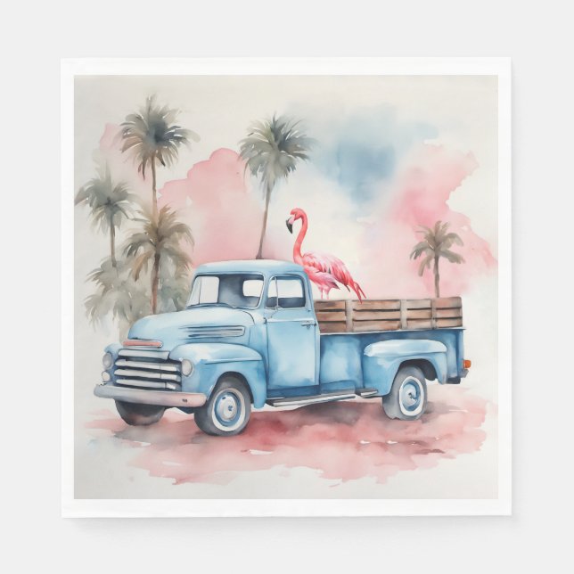Watercolor Flamingo In Retro Blue Truck Napkin (Front)