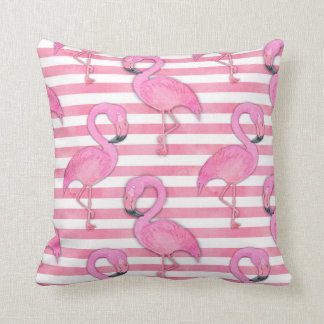 Watercolor Flamingo on Pink Stripes Cushion