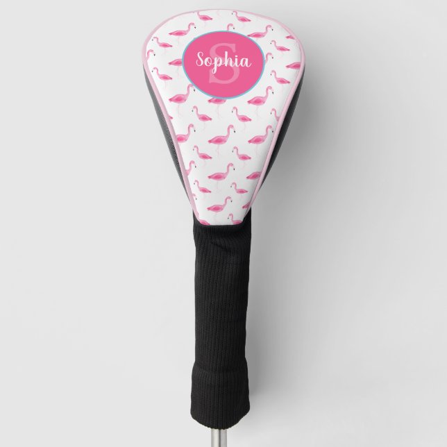 Watercolor Flamingo Pattern Personalised Golf Head Cover (Front)