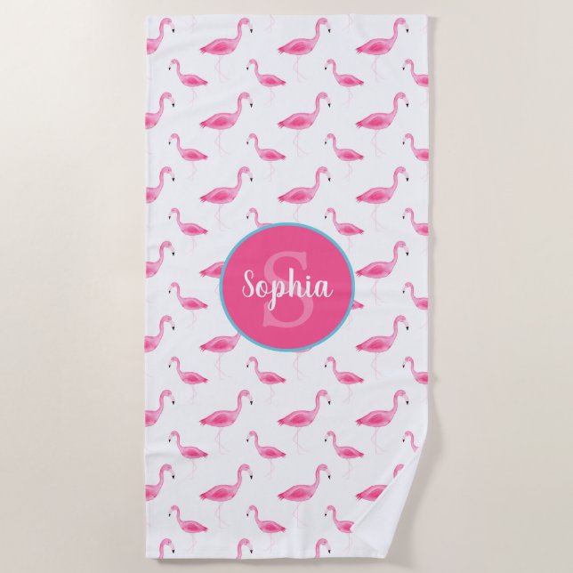 Watercolor Flamingo Pattern Personalized Monogram Beach Towel (Front)