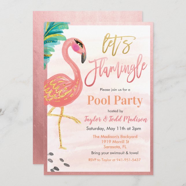 Watercolor Flamingo Pool Party Invitation (Front/Back)