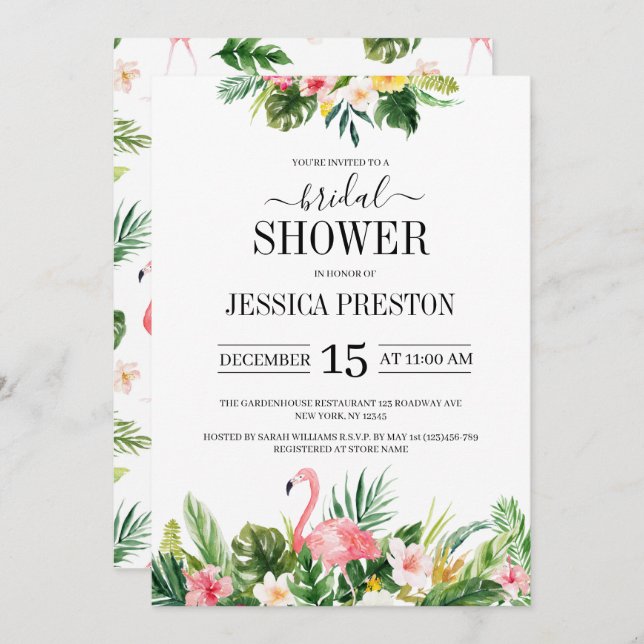 Watercolor Flamingo Tropical Floral Bridal Shower Invitation (Front/Back)