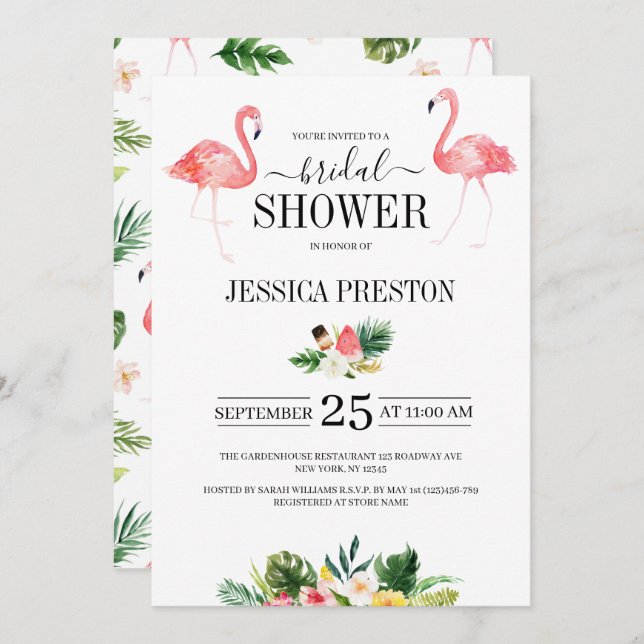 Watercolor Flamingo Tropical Floral Bridal Shower Invitation (Front/Back)