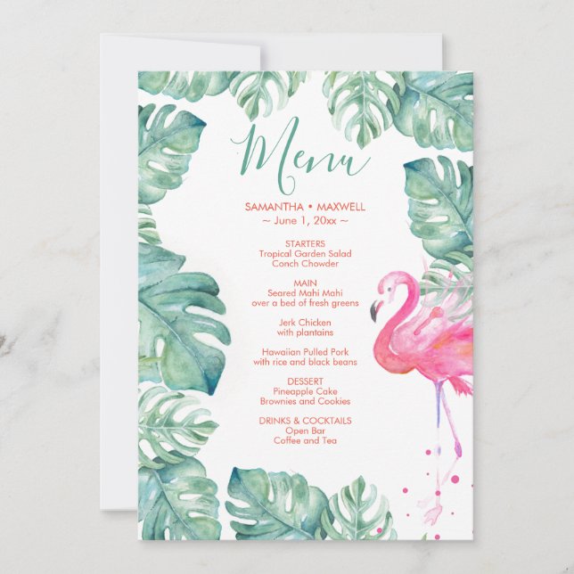 Watercolor Flamingo Tropical Menu Invitation (Front)