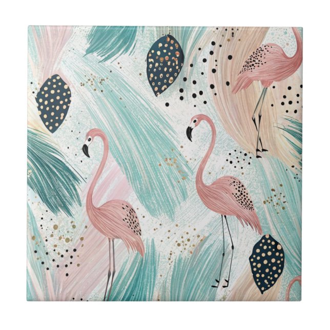 Watercolor Flamingo Tropical Pattern Ceramic Tile (Front)