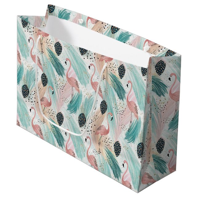 Watercolor Flamingo Tropical Pattern Large Gift Bag (Front Angled)