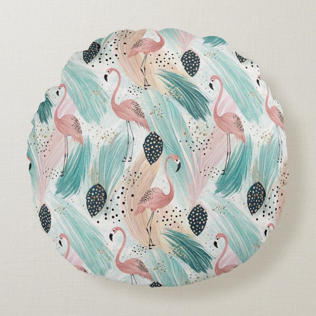 Watercolor Flamingo Tropical Pattern Round Cushion (Front)