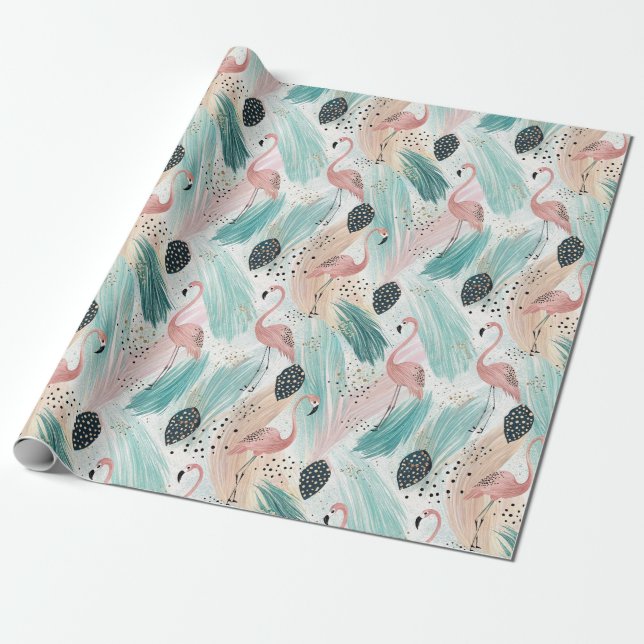 Watercolor Flamingo Tropical Pattern Wrapping Paper (Unrolled)