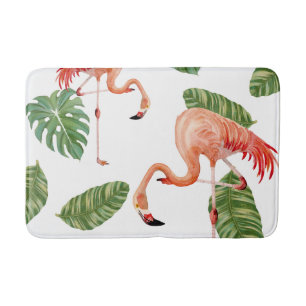 Watercolor Flamingo w Tropical Rainforest Leaves Bath Mat