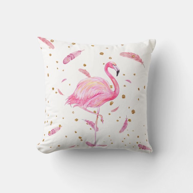 Watercolor Flamingo with Floating Feathers Pillow (Front)