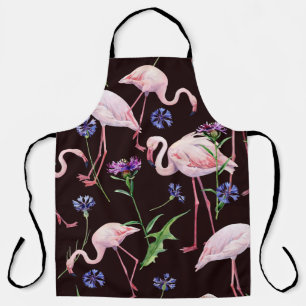 Watercolor flamingos and wild flowers pattern. apron