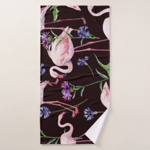 Watercolor flamingos and wild flowers pattern. bath towel
