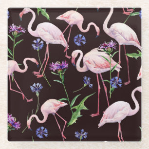 Watercolor flamingos and wild flowers pattern. glass coaster