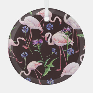 Watercolor flamingos and wild flowers pattern. glass tree decoration