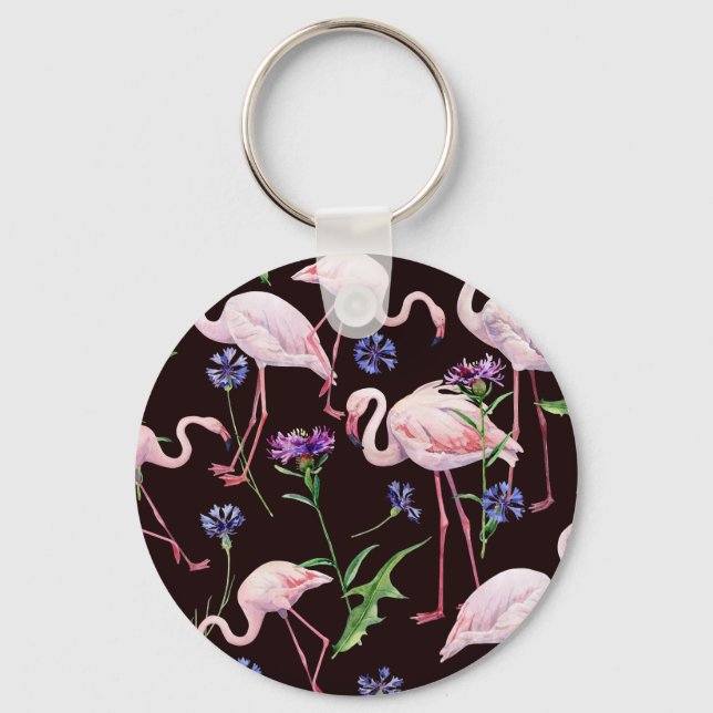 Watercolor flamingos and wild flowers pattern. key ring (Front)