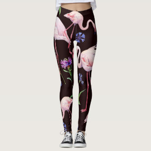 Watercolor flamingos and wild flowers pattern. leggings