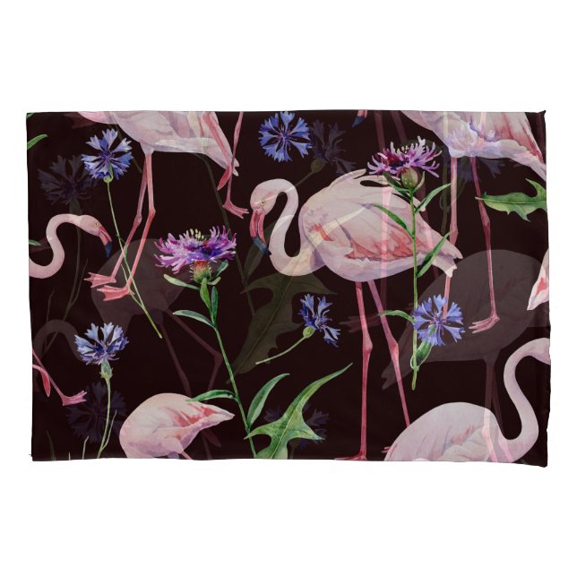 Watercolor flamingos and wild flowers pattern. pillowcase (Front)