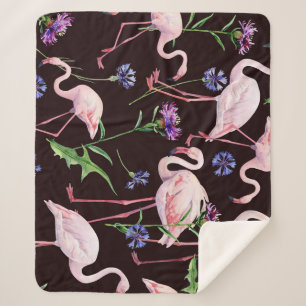 Watercolor flamingos and wild flowers pattern. sherpa blanket