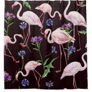 Watercolor flamingos and wild flowers pattern. shower curtain