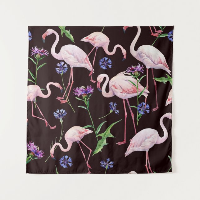 Watercolor flamingos and wild flowers pattern. tapestry (Front)