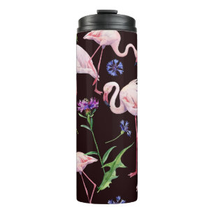 Watercolor flamingos and wild flowers pattern. thermal tumbler