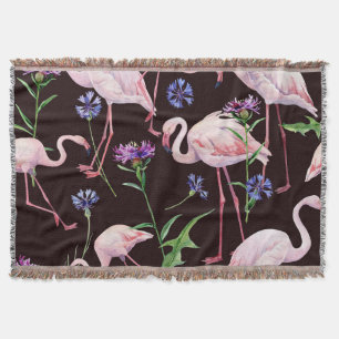 Watercolor flamingos and wild flowers pattern. throw blanket