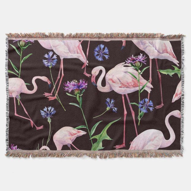 Watercolor flamingos and wild flowers pattern. throw blanket (Front)
