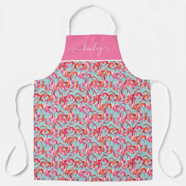 Watercolor Flamingos Gathered Apron (Front)