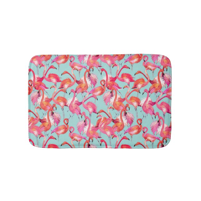 Watercolor Flamingos Gathered Bath Mat (Front)